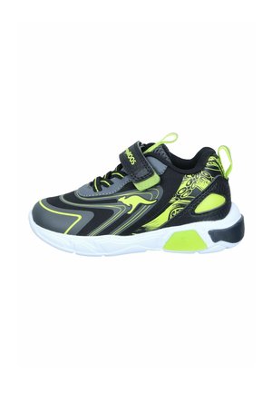 Black and neon green children's athletic shoe with white sole, kangaroo logo, hook-and-loop strap, and pull tabs at heel and tongue.