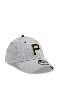 Gray baseball cap with a textured fabric, featuring a black "P" logo outlined in yellow on the front and a curved brim.