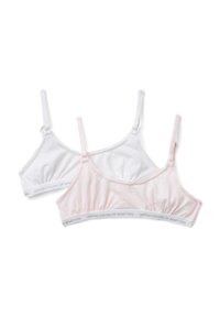 Dos sujetadores en blanco y rosa claro. Tejido de algodón suave, tirantes ajustables y bandas elásticas con el logotipo de "United Colors of Benetton".