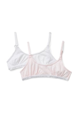 Zwei Bralettes in Weiß und Hellrosa. Weicher Baumwollstoff, verstellbare Träger und elastische Bänder mit dem Logo "United Colors of Benetton".