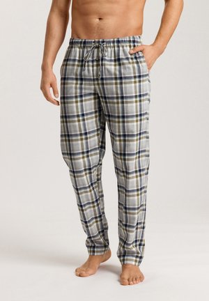 Geruite pyjamabroek in grijs, groen en marineblauw, met een elastische tailleband en trekkoord. Lichtgewicht stof met zijzakken.