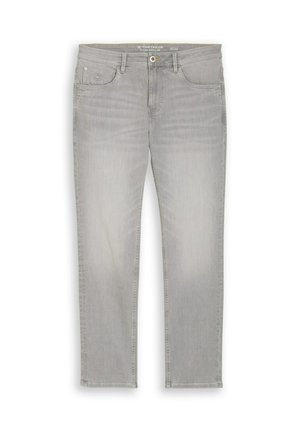 Lysegrå jeans med lige ben, fem lommer, bæltestropper, knaplukning og subtil falmning på lårene. Størrelse 32/32, mærket Tom Tailor.