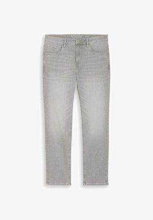 Jeans de pierna recta color gris claro con cinco bolsillos, trabillas para cinturón, cierre de botón y un sutil desgaste en los muslos. Talla 32/32, marca Tom Tailor.