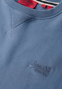 Lichtblauwe sweatshirt met ribgebreide ronde hals en een gestructureerde afwerking. Heeft het "Superdry"-logo geborduurd op de borst in een donkere tint.