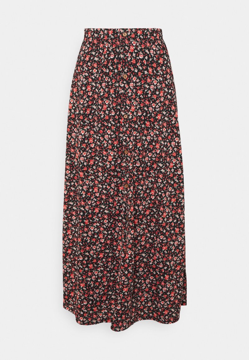 Jupe midi noire avec petit imprimé floral rouge et blanc, boutons devant et taille élastique.
