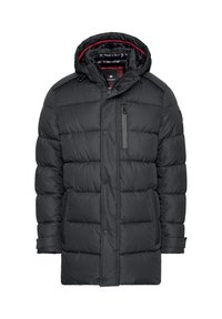 Schwarze gepolsterte Jacke mit Kapuze, ausgestattet mit einem vorderen Reißverschluss und Knopfverschluss, seitlichen Taschen und einer Brusttasche mit Reißverschluss. Rote Innenseite.