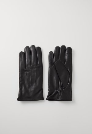 Guanti in pelle nera con cinque dita, caratterizzati da una texture liscia, tre cuciture verticali sul retro e polsini arricciati per una vestibilità aderente.