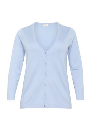 Helles blaues Cardigan mit V-Ausschnitt, langen Ärmeln und vorderer Knopfleiste. Hergestellt aus weichem Material mit glatter Textur und ohne Muster.