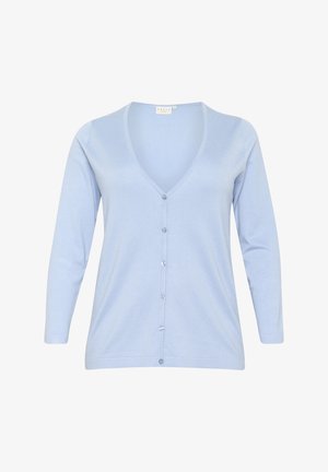 Svetle modrý kardigan s výstřihem do V, dlouhými rukávy a zapínáním na knoflíky vpředu. Vyroben z měkkého materiálu s hladkou texturou a bez vzorů.