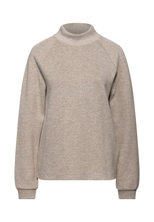 Jersey beige de textura con cuello alto, mangas raglán y puños acanalados. Diseño simple sin patrones ni acentos.