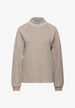 Beige, gemêleerde trui met een hoge halslijn, raglanmouwen en geribbelde manchetten. Eenvoudig ontwerp zonder patronen of accenten.