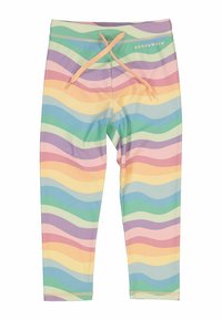 Colorful leggings with a wave pattern in pastel shades of pink, blue, green, and yellow. Made from stretchy material, featuring an elastic waistband and drawstring.