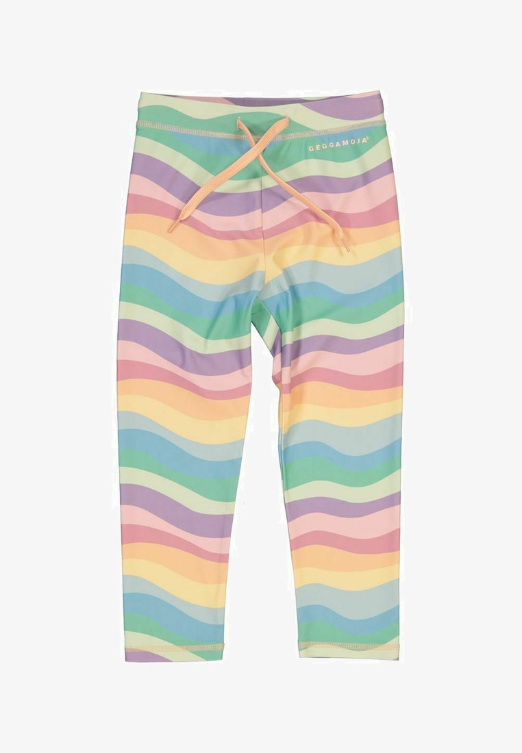 Colorful leggings with a wave pattern in pastel shades of pink, blue, green, and yellow. Made from stretchy material, featuring an elastic waistband and drawstring.