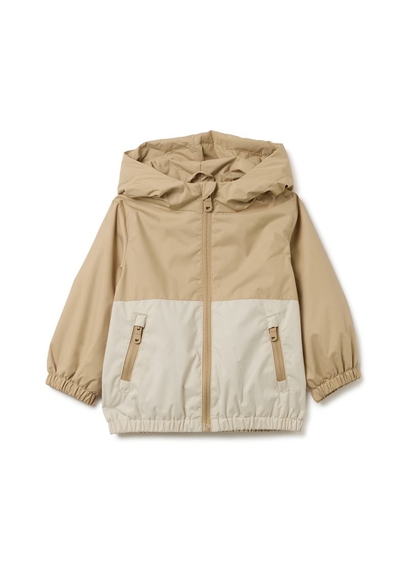 Beige und cremefarbene zweifarbige Windbreaker-Jacke mit Kapuze, elastischen Bündchen, durchgehendem Reißverschluss und zwei seitlichen Reißverschlusstaschen.