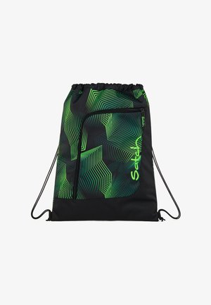 Drawstring backpack made of durable black fabric with a geometric green pattern. Features a front zip pocket and adjustable cords.