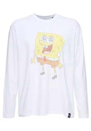 White long-sleeve T-shirt featuring a large, colorful graphic of a cartoon character with square body, round eyes, and a brown tie.