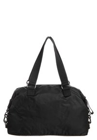 Sac de sport en nylon noir avec poignées en tissu doubles, fermeture à glissière et accents matériels sur les côtés. Texture lisse avec un design simple.