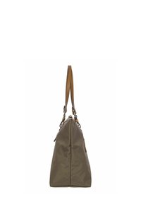 Borsa in nylon verde oliva a forma triangolare, con manici in pelle marrone e tasca laterale. Presenta dettagli metallici e una superficie testurizzata.
