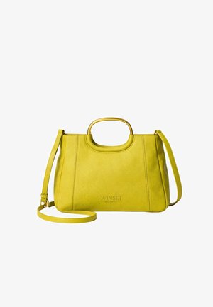 Borsa in pelle gialla Twinset Milano con manico in metallo dorato e tracolla regolabile su sfondo bianco.