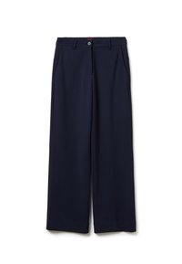 Pantaloni a gamba larga blu navy realizzati in un tessuto morbido, con chiusura anteriore a bottone e due tasche laterali.