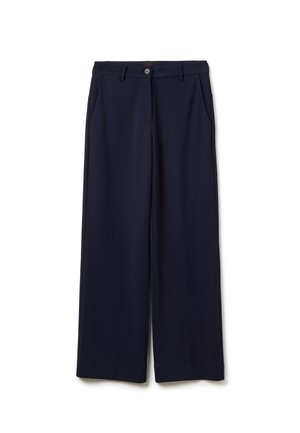 Pantaloni a gamba larga blu navy realizzati in un tessuto morbido, con chiusura anteriore a bottone e due tasche laterali.