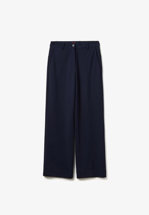 Pantaloni a gamba larga blu navy realizzati in un tessuto morbido, con chiusura anteriore a bottone e due tasche laterali.