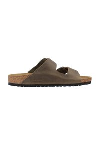 Sandal in pelle marrone con plantare in sughero, caratterizzato da punta aperta, cinturini incrociati e suola in gomma texturizzata. Design leggero e casual.