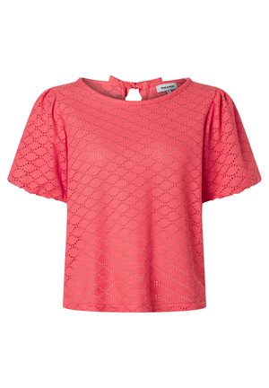 Korallrosa Kurzarmbluse mit Lochspitzenmuster, rundem Ausschnitt, Puffärmeln und einem rückseitigen Schlitz, der mit einer Schleife gebunden ist.