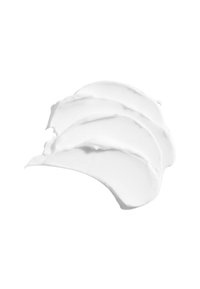 Weiße Creme oder Lotion, die in glatten, geschichteten Strichen verteilt ist und eine glänzende Textur sowie eine weiche, cremige Konsistenz zeigt.