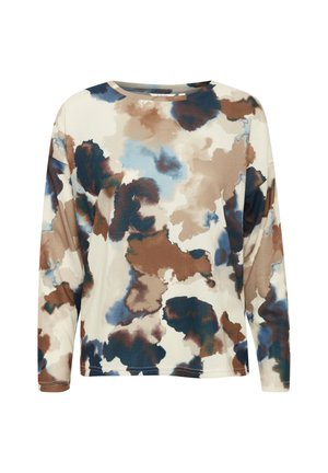 Langarmtop met een ronde halslijn, voorzien van een multikleurig abstract patroon in bruine, blauwe en crème tinten. Zachte stof en een relaxte pasvorm.