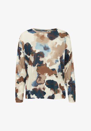 Langarmtop met een ronde halslijn, voorzien van een multikleurig abstract patroon in bruine, blauwe en crème tinten. Zachte stof en een relaxte pasvorm.