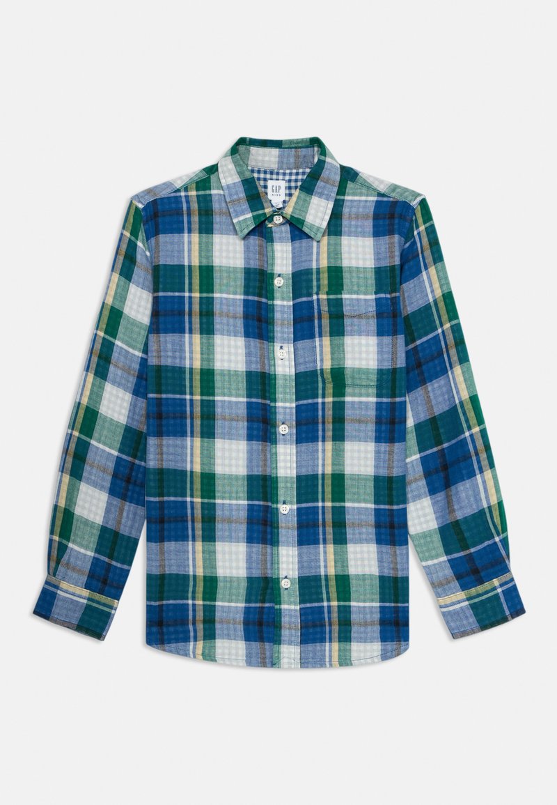 Kostkovaná košile na knoflíky vyrobená z lehkého materiálu. Obsahuje čtverce v modré, zelené a bílé barvě s žlutými akcenty, skládací límec a dlouhé rukávy.