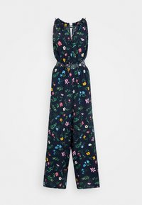 Blommig jumpsuit i mörk marin med färgglada blommönster. Har en samlad halsringning och ett midjeband för definition. Lättviktig tyg.