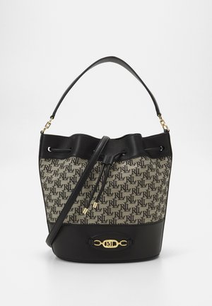 Black and beige bucket bag with RL logo pattern, leather trim, gold-tone hardware, drawstring closure, and single shoulder strap.