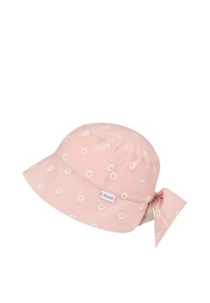 Pink bucket hat with white daisy patterns and a tied bow at the back, featuring a small stitched label on the side.