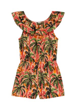 Ærmeløs romper med flæsekrave, elastisk talje og tropisk palmetræsmønster i grøn, orange og sort på koral baggrund.