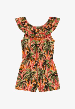 Tuta senza maniche con scollo arricciato, vita elasticizzata e stampa tropicale di palme in verde, arancione e nero su sfondo corallo.