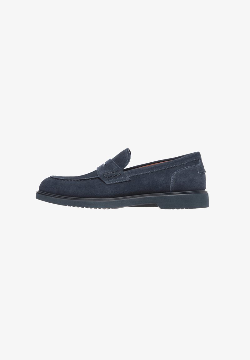 Marineblaue Wildleder-Lederschuhe mit strukturiertem Obermaterial, ovalem Ausschnitt und Gummisohle mit gezahnter Kante. Lässiges Design.