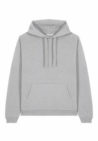 Felpa grigia con cappuccio, dotata di tasca frontale a marsupio, cordini, polsini e orlo a coste, realizzata in un tessuto morbido e texture.