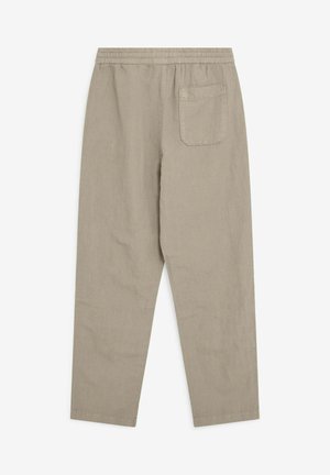Light beige pants made of linen with an elastic waistband, straight leg design, and one rear patch pocket. Smooth texture, casual style.
