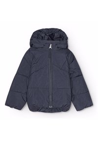 Marinblå vadderad jacka med huva, med frontdragkedja, elastisk nederkant och sydda paneler för isolering. Slät tygtextur.