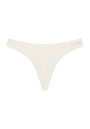 Weißer Tanga aus glattem Stoff mit minimalistischem Design und einem Logo-Detail im Bund.