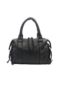 Sac à main en cuir noir avec poignées doubles, quincaillerie dorée décorative et glands latéraux. Présente une forme structurée et une finition texturée.