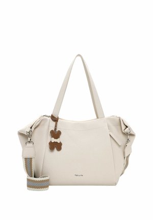 Kermasta, teksturoidusta nahasta käsilaukku, jossa on kaksinkertaiset kahvat, raidallinen irrotettava olkahihna ja ruskea nallekarhun muotoinen avaimenperä.