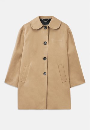 Tan trench coat with a rounded collar, six black buttons, two side pockets, and a logo printed on the front. Smooth texture and straight cut.