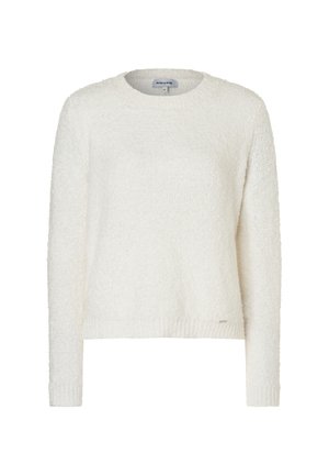 Pull blanc texturé avec un col rond et des manches longues. Il présente un tissu doux et duveteux et une taille légèrement courte.