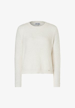 White, textured sweater with a round neckline and long sleeves. Features a soft, fuzzy fabric and a slightly cropped hemline.