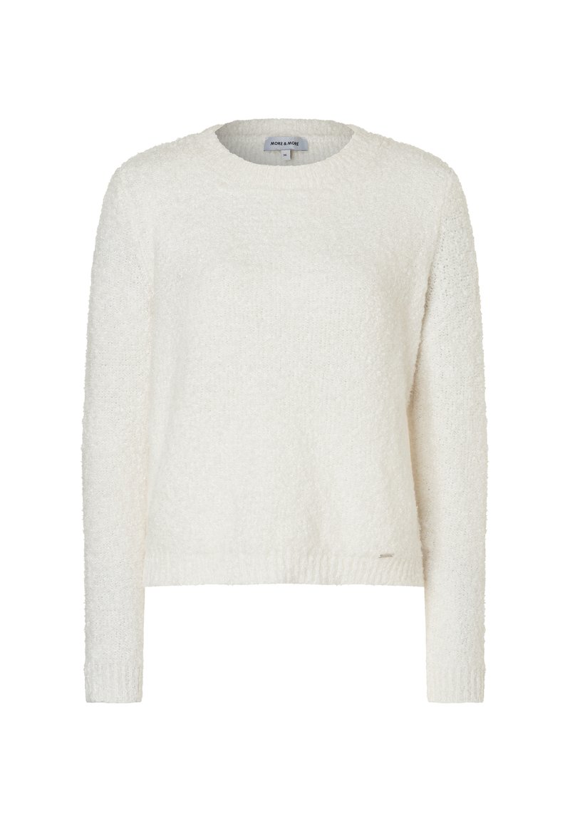 Weißer, strukturierter Pullover mit rundem Halsausschnitt und langen Ärmeln. Besteht aus einem weichen, flauschigen Material und hat einen leicht verkürzten Saum.