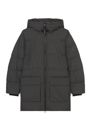 Επενδυμένο μαύρο παρκά μπουφάν με κουκούλα, μπροστινό φερμουάρ και δύο μεγάλα τσέπες. Διαθέτει ομαλή υφή και ελαφρώς ελεύθερη εφαρμογή.