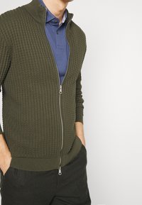 Man med en olivgrön texturerad zip-up tröja över en blå skjorta med händerna i mörka byxfickor mot en vit bakgrund.